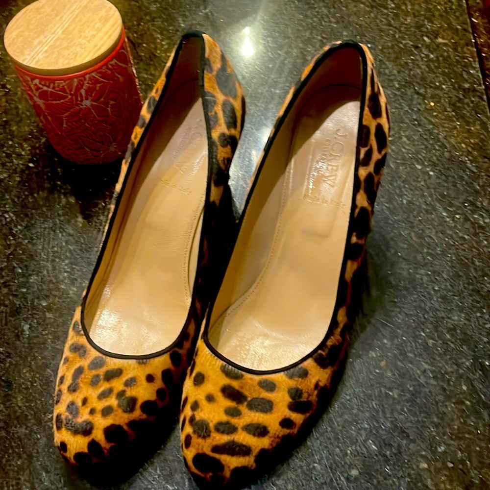 J Crew collection leopard calf hair wedges